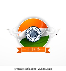 Creative origami sticky design with flying pigeons and Asoka Wheel on national tricolors background for Indian Independence Day celebrations. 
