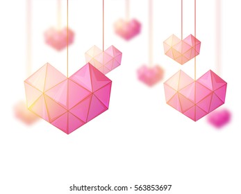 Creative Origami style hanging Hearts for Happy Valentine's Day Celebration.