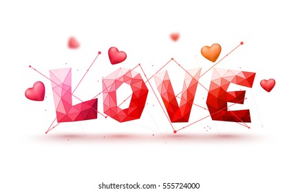 Creative Origami style Text Love with Hearts for Happy Valentine's Day Celebration.