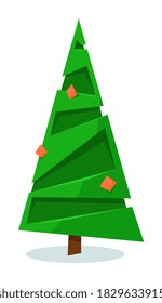 Árbol de Navidad de origami creativo. Árbol de navidad de origami aislado con decoración creativa de pegatinas de corte de papel. Vector de cristmasas modernas de pino o abeto ilustrativo sobre fondo blanco