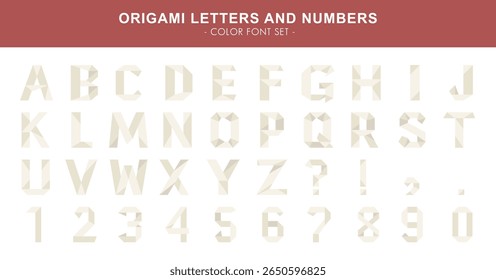 A creative origami-inspired color font set featuring uppercase letters A–Z, numbers 0–9, and common punctuation symbols.