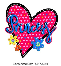 creative original design for girls, t shirt. white background with threads heart and pattern, cartoon flowers, calligraphic text princess in bright colors. girlish fashion style for wallpaper,posters,