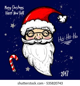 Creative original design with holiday illustration Santa Claus with red hat, white beard, glasses, smile,lollipop. Dark blue poster Merry Christmas and Happy New Year, stars. Holiday card with old man