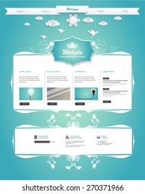 Creative Ornament Website Template with Hanging Origami Birds, Clouds. VEctor Eps 10.