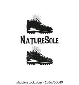 Creative outdoor logo, combination illustration shoe, mountain and sun ray design template.