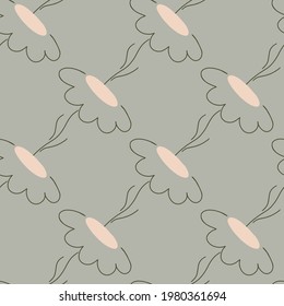 Creative outline chamomile flowers seamless doodle pattern. Pale blue background. Simple style. Perfect for fabric design, textile print, wrapping, cover. Vector illustration.