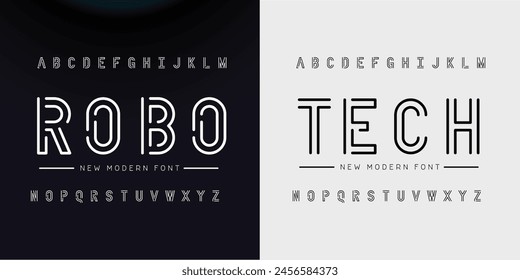 Creative Outline Double line monogram alphabet and tech fonts. Lines font regular uppercase and lowercase. Vector illustration.