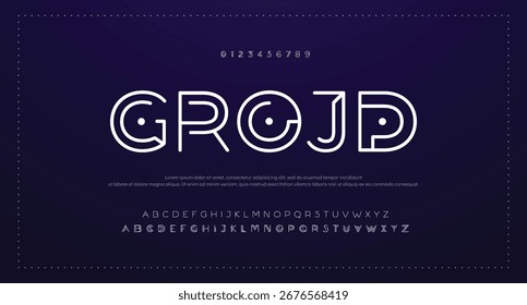 Esquema creativo Alfabeto monograma de doble línea y Fuentes tecnológicas. Las líneas de la fuente son regulares en mayúsculas y minúsculas. Ilustración vectorial.
