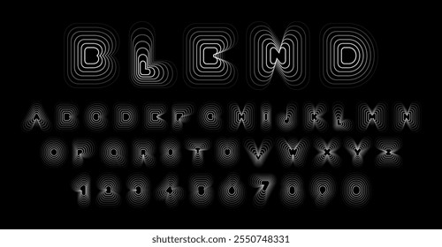 Creative outline font design featuring unique blended lines forming bold letters and numbers on black background. Can be used for modern typography projects, branding, posters, and creative headlines