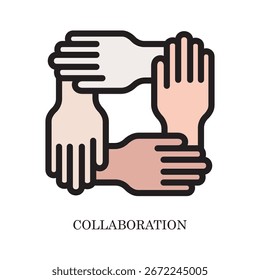 Ícone de descrição criativa da colaboração, representando pessoas, negócios, trabalho em equipe e valores da comunidade.