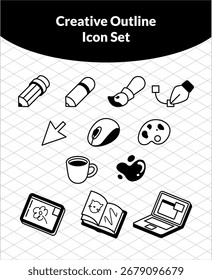 Creative outline icon set with pencil brush palette sketchbook laptop and other black and white minimal line art drawing icons