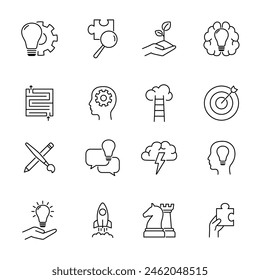 Creative outline icons set. Brainstorm, idea, inspiration concept. Editable stroke. Isolated vector illustration