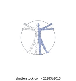 Creative outline logo of body movement. Geometric virtruvian man symbol. Stretching logo design. Round body muscle emblem. Circle geometrical body icon. Graphic of body anatomy. Stretch. Yoga. Gym 