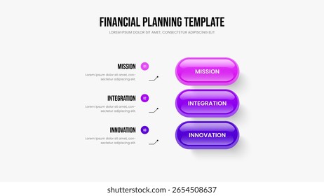 Creative Overview 3 Step Infographic Presentation Template. Company Report Three Element Diagram Slide Layout. Investor Review Slideshow Design Vector Illustration.