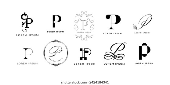 Creative P emblem. Premium letter p monogram branding template. Business name initial vector icon set. Different decorative and calligraphic elements isolated on white, luxury style