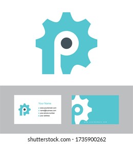 Diseño del logotipo del engranaje P creativo con tarjeta de visita