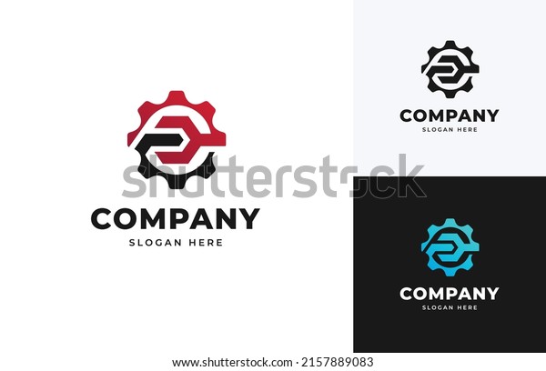 Creative P gears\
wrench cog wheel tool vector logo design, Modern industrial\
equipment factory repair logo\
design