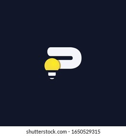 Creative p letter with lamp logo template design. Lowercase modern light bulb idea, emblem, symbol, icon in yellow. Can be used for business company, websites, brochures, posters, app, web site, UI.