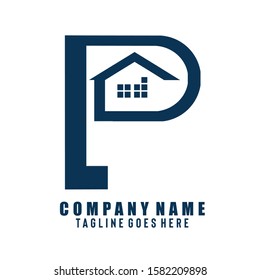 Creative P letter logo design with silhouette of house inside it represents properties such as  apartment, condominium, or offices