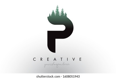 Creative P Letter Logo Idea With Pine Forest Trees. Letter P Design With Pine Tree on TopVector Illustration.