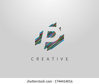 Logotipo de la carta creativa P. Diseño P inicial geométrico abstracto moderno, compuesto por varias tiras coloridas  