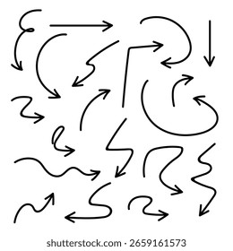 A creative pack of hand-drawn black arrows perfect for adding a casual and dynamic touch to your design projects. This vector set includes a variety of arrow styles—curved, straight, zigzag, looped.