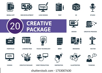 Creative Package icon set. Collection contain brief, inspiration, test, vector and over icons. Creative Package elements set.