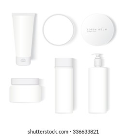 Creative package template with top view: tube, jar, bottle, spray in realistic style. White model perfectly for presentation cosmetic design or concept.  Vector illustration easy editing, not tracing.