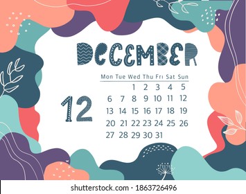 creative page of calendar for December 2021 decorated with memphis frame and floral elements for prints, posters, cards, planners, orginizers, etc. EPS 10