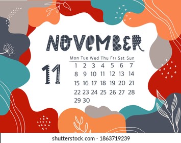 creative page of calendar for November 2021 decorated with floral ele,emts and memphis frame for prints, posters, cards, agenda, planners and organizers, etc. EPS 10