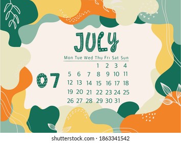 creative page of July calendar for 2021. Colorful memphos frame and lettering quote perfect for planners, prints, cards, agenda, etc. EPS 10
