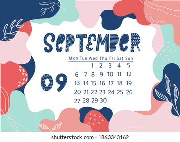 creative page of September calendar for 2021. Colorful memphis frame and lettering quote perfect for planners, prints, cards, agenda, etc. EPS 10