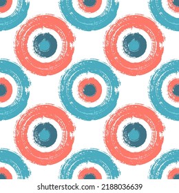 Kreativ gemalte Kreise formen nahtloses Muster, Vektordesign. Babybekleidung drucken. Stylische Farbstapel. Handgezeichnete Pinselstrichkreise. Rundfarben-Malerei formt endloses Muster.