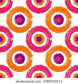 Creative painted circle shapes seamless pattern graphic design. Fashionable print. Stylish paint stapms. Hand drawn ink brush stroke circles. Round ink painting shapes endless pattern.