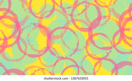 Creative painted circles geometry fabric print. Round shape splotch overlapping elements vector seamless pattern. Brush stroke circles geometry fabric ornament.