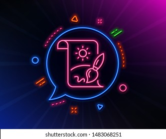Creative painting brush line icon. Neon laser lights. Creativity sign. Graphic art symbol. Glow laser speech bubble. Neon lights chat bubble. Banner badge with creative painting icon. Vector