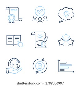 Creative painting, Energy and Read instruction line icons set. Diploma certificate, save planet, group of people. Ranking stars, Refresh bitcoin and Horizontal chart signs. Vector