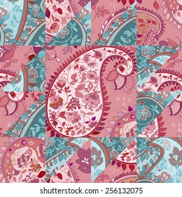 Creative paisley patchwork pattern with flowers. Vintage boho style