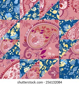 Creative paisley patchwork pattern with flowers. Vintage boho style