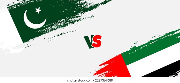 Creative Pakistan vs United Arab Emirates brush flag illustration. Artistic brush style two country flags relationship background