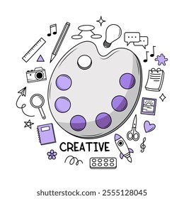 Creative palette surrounded by artistic tools and icons. Vector illustration