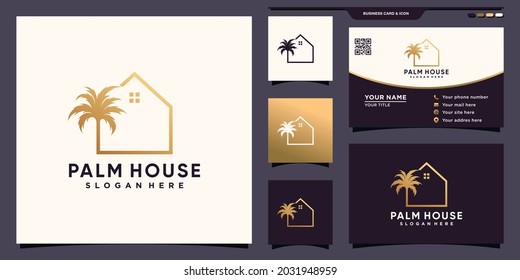 Creative Palm And House Logo With Line Art Style And Business Card Design Premium Vector