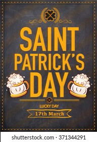 Creative pamphlet, banner or flyer design with stylish text Saint Patrick's Day on chalkboard background.