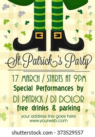 Creative Pamphlet, Banner or Flyer design with illustration of Leprechaun legs for St. Patrick's Day Party celebration.