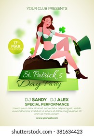 Creative Pamphlet, Banner or Flyer design with illustration of a young leprechaun girl holding hat for St. Patrick's Day Party celebration.