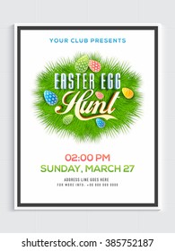 Creative Pamphlet, Banner or Flyer design with colorful eggs on fir leaves for Happy Easter celebration.