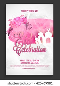 Diseño de panfleto creativo, pancarta, volante o tarjeta de invitación con mezquita y hermosa decoración de flores para la celebración del Eid del Festival Famoso Islámico.