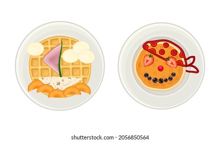 Creativos crepes y gofres servidos en los platos. Ideas para un desayuno saludable para los niños dibujos animados ilustraciones vectoriales