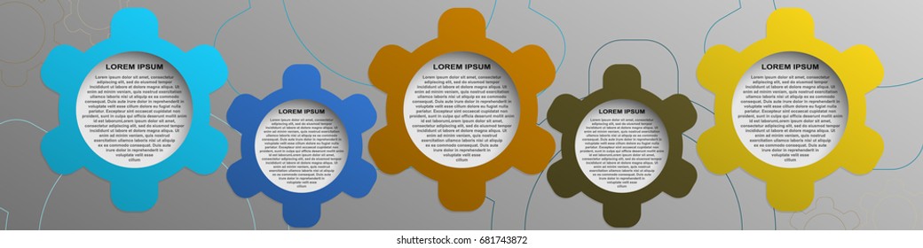 Creative panoramic infographic. Business data visualization.Vector illustration 5 gears options steps process chart. Cartoon style design high quality realistic shadows presentation template parts 