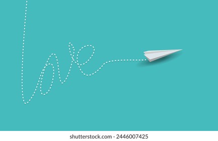 creative paper airplane illustration on blue background, love with outline. copy space.